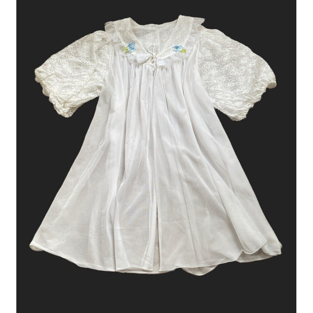 GMc 60s Vintage White Peignoir Robe Sheer Chiffon Lace Bridal Lingerie Sz M